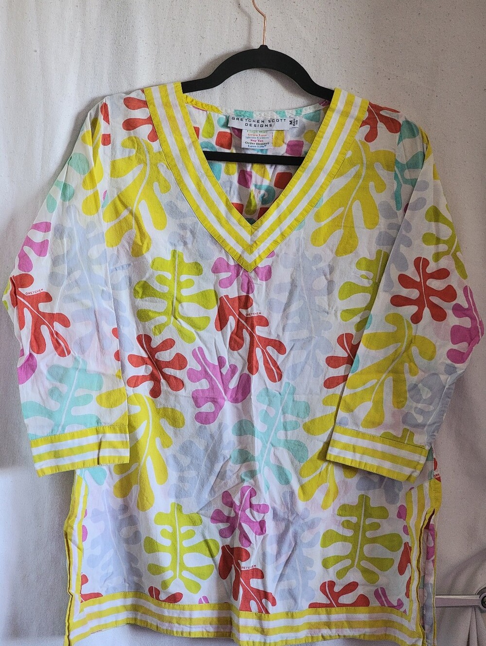 Gretchen Scott Designs Leaf-Print V-Neck Tunic — Yellow, Pink, Red, Aqua